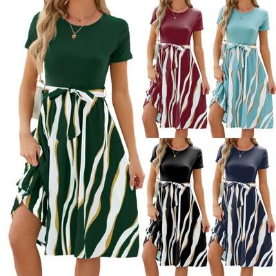 Striped Print Tie Waist Splicing Dress, Versatile Short Sleeve Dress For Spring & Summer, Women's Clothing