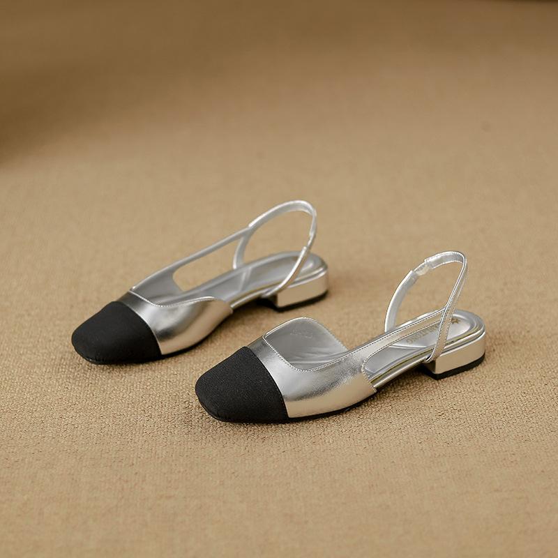 2025 spring new French style not tired feet single shoes small fragrant style color matching bag head sandals women's silver shoes women's versatile