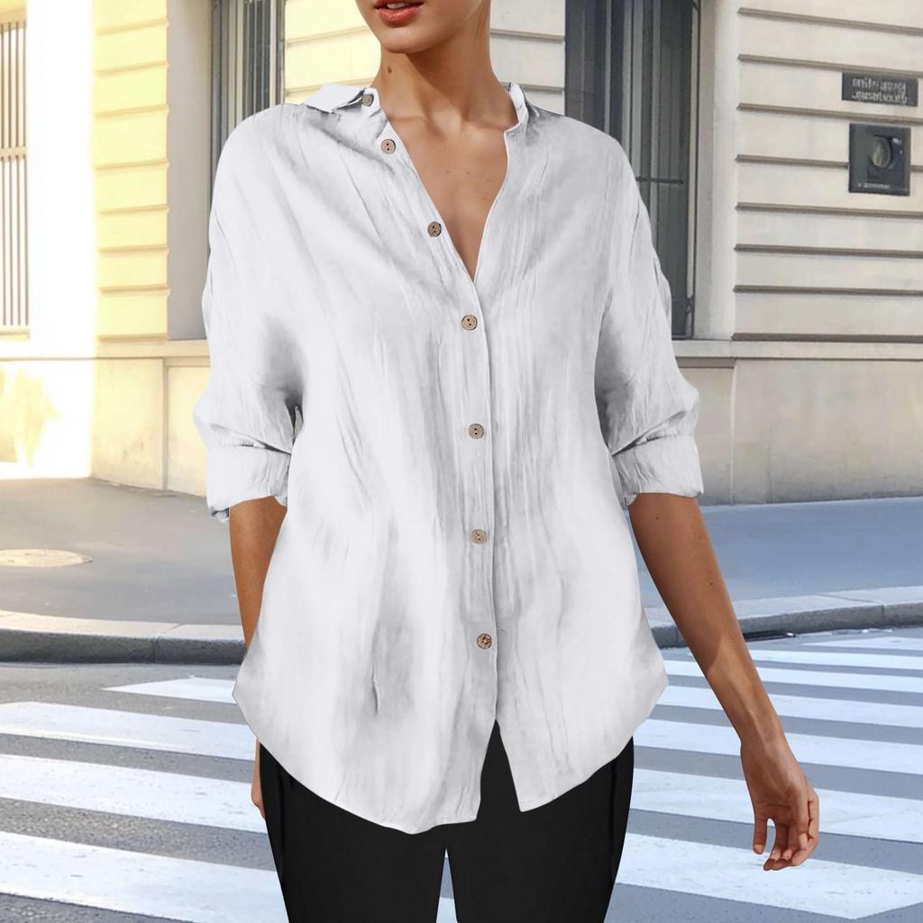 Long Sleeve Linen Shirts For Women Button Down Loose Solid Color Blouse Lightweight Casual Lapel Tunic Tops