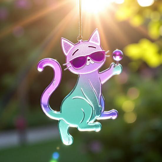 6 Pcs Cat Sun Catcher 2D Flat Acrylic Kitten Pendant Cats Wearing Sunglasses