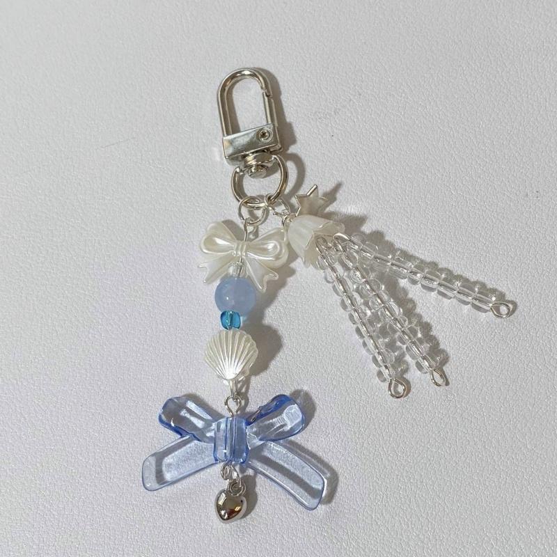 Y2K Phone Charm Blue Bow Star Keychain Beaded Pendant Kawaii Keychain Anti-Lost Bag Chain Cute Accessory for Girls Women Jewelry