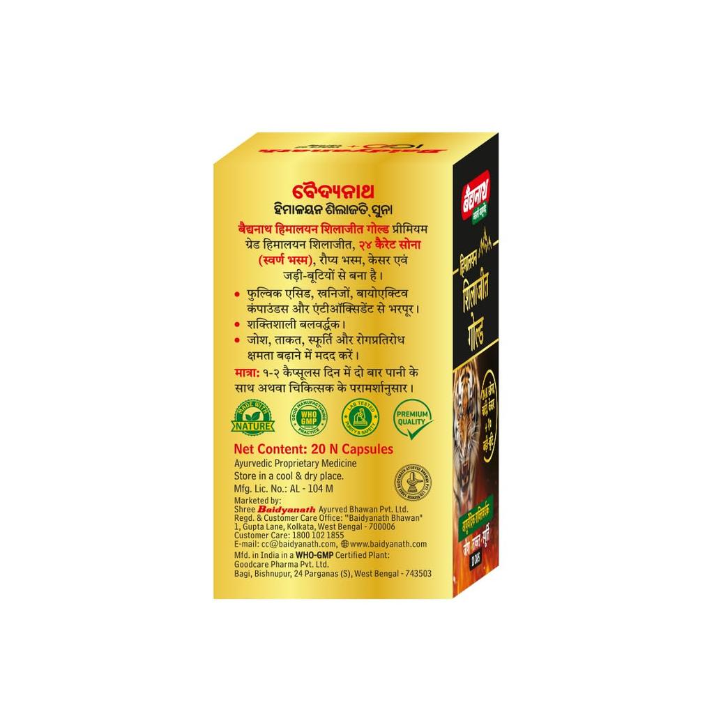 Baidyanath Himalayan Shilajit Gold Ayurvedic 20 Capsules with Gold, Silver & Herbal Extracts for Daily Energy and Vitality