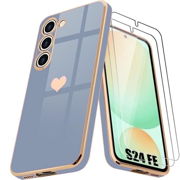 Coque pour Samsung Galaxy S24 FE (pas pour S24) - Antichoc en Silicone Liquide Bleu, Motif Luxe Cœur + 2 Verres Trempés