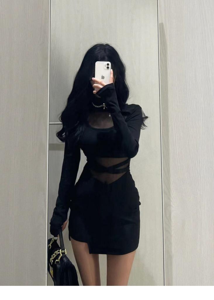 French chic mesh patchwork pure and alluring style dress for women, new autumn and winter sexy waist-cinching slimming hip-hugging short skirt