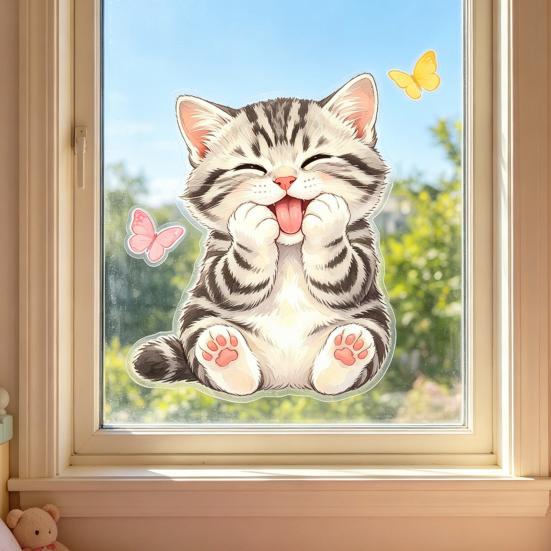 Cute Cat Window Cling, Cartoon Kitten Butterfly Decals, Reusable Watercolor Animal Static Glass Sticker for Kids Room Bathroom Decor