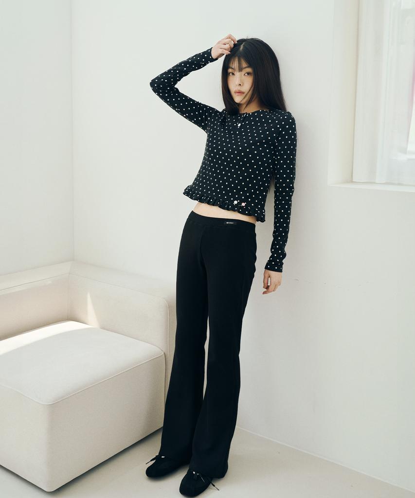 Mihebeu Polka Dot Frill Long Sleeve Black