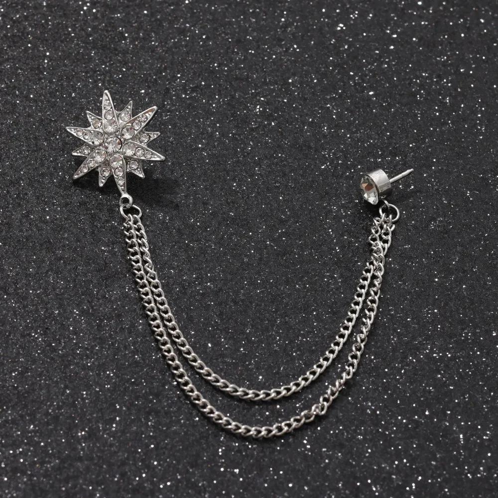 British Style High-end Maple Leaf Brooch with Rhinestone Chain Fashion Vintage Tassel Badge Lapel Pin for Men's Suit Accessories