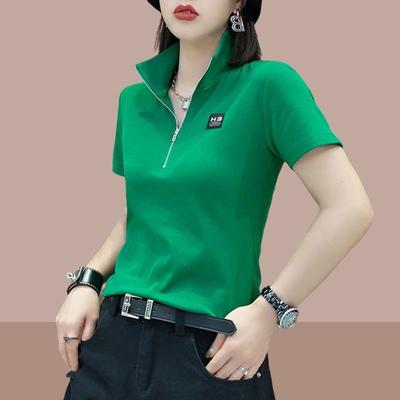 Locker sitzendes, kurzärmliges Sommeroberteil mit halbem Reißverschluss für Damen in Übergröße im koreanischen Stil