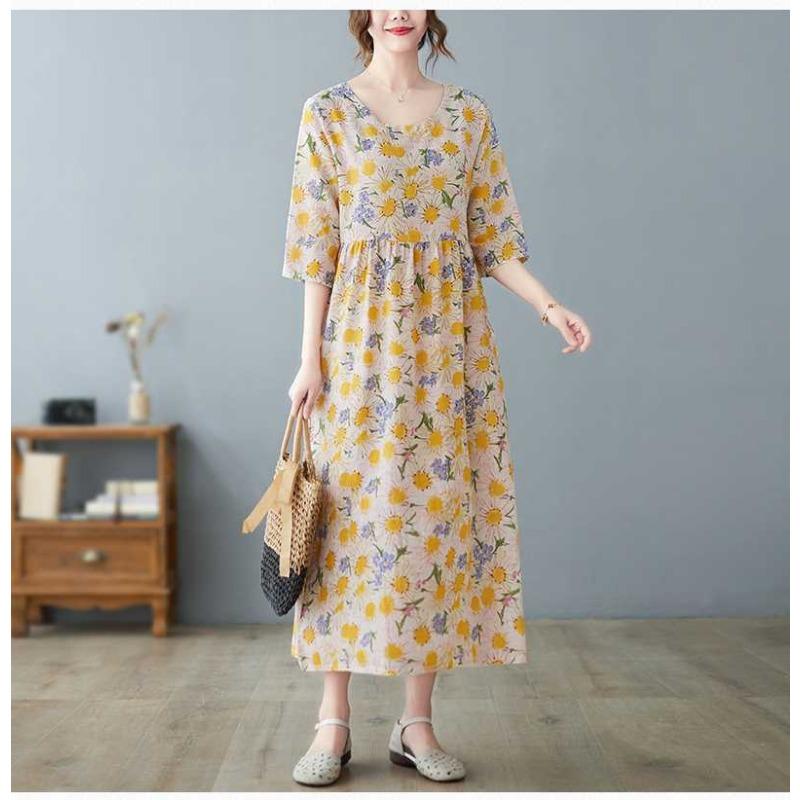 Lato Nowość Literacki Duży Rozmiar Luźny Cienki Okrągły Dekolt Rękaw Pięciominutowy Sukienki Damskie Odmładzające