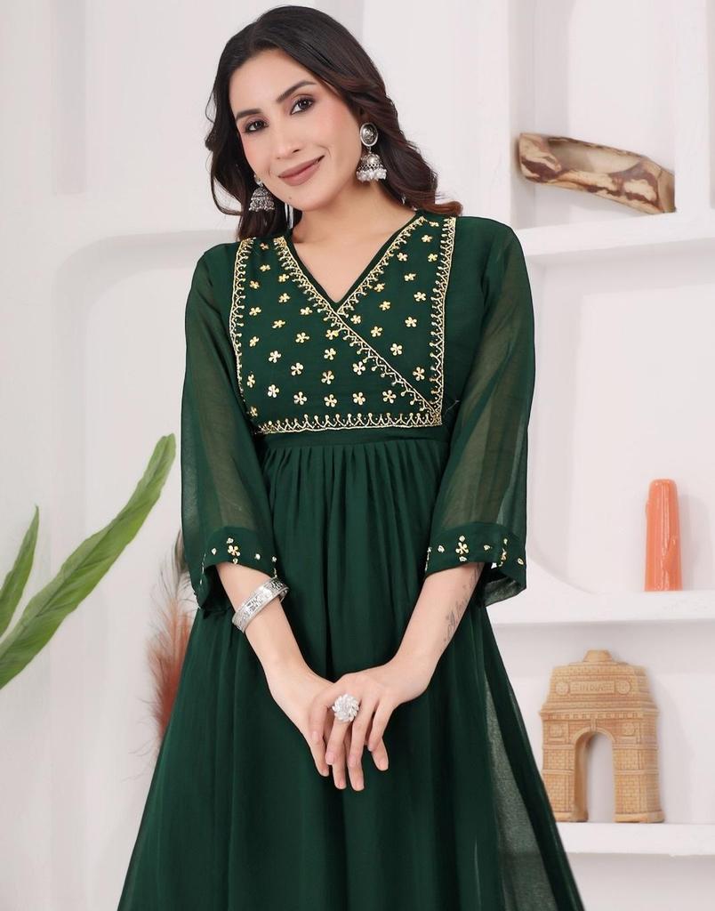 Women Designer Georgette V-Neck Gown Kurta Indian Bollywood Anarkali Top Tunic Kurti Dress