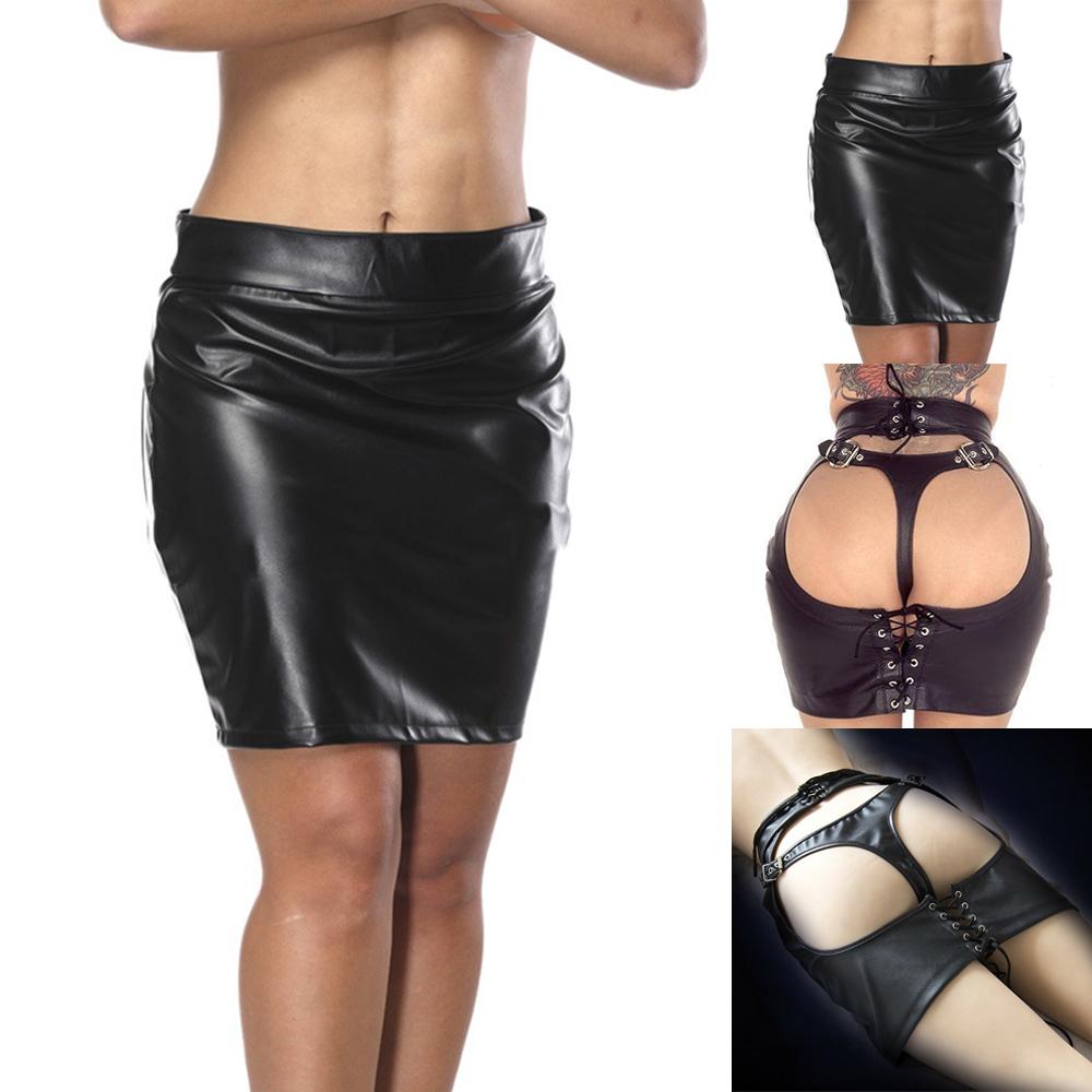 Sexy Damen Offene Hüfte Minirock Party Clubwear Offener Po Kunstleder Schwarz Nasses Aussehen PU-Leder Bodycon Fetisch Club Erotischer Rock