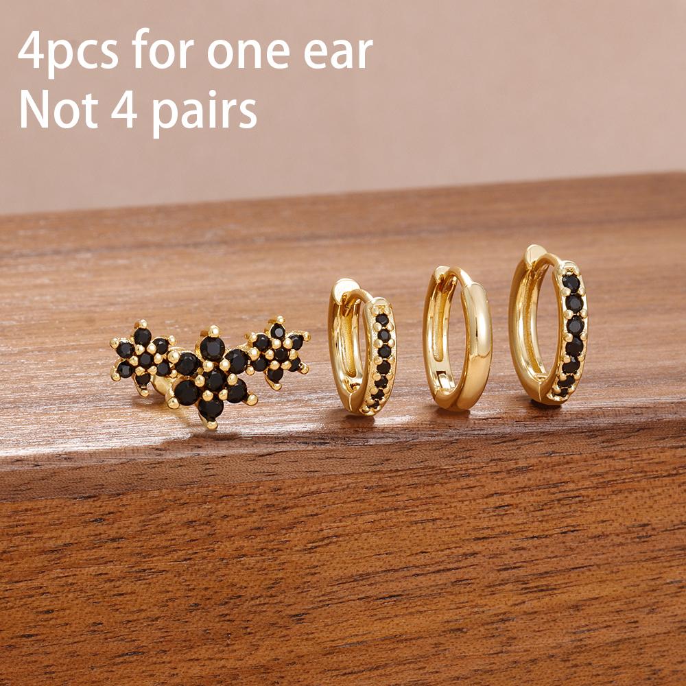 4PCS Fashion Stainless Steel Zircon Round Hoop Earrings Set For Women European Simple Hoops Flower Ear Stud Wedding Jewelry