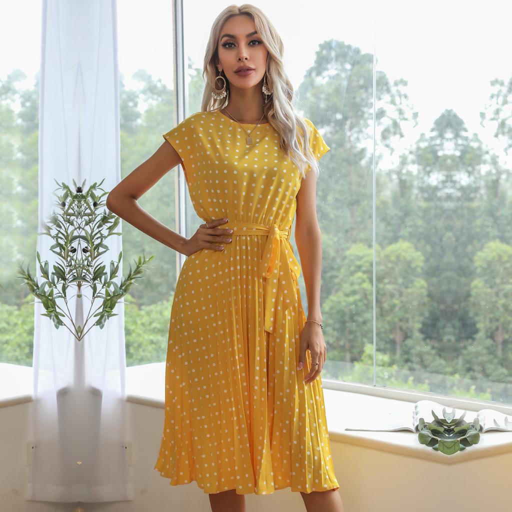 Summer Women's Dress Vintage Polka Dot Pleated Lace-Up Skirt Dresses