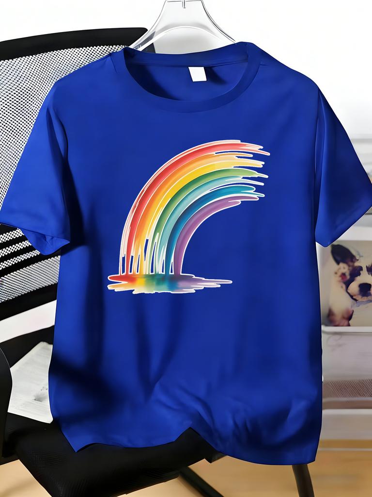 Paint Drip Rainbow Print Unisexs Red Crew Neck Tee Soft Light Cotton Positive Vibe Casual Summer Daily Male Short Sleeve Basic Top