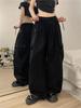 Women's Retro Wide-Leg Drawstring Cargo Pants - Multi-Pocket, Floor-Length, Casual Sport, Spring & Autumn.