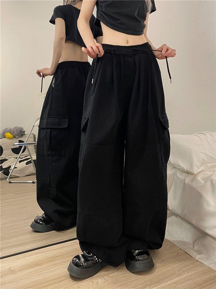 Women's Retro Wide-Leg Drawstring Cargo Pants - Multi-Pocket, Floor-Length, Casual Sport, Spring & Autumn.