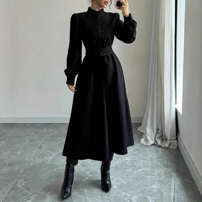 Dámská elegantní košile s dlouhým rukávem, projmutá v pase, na knoflíky, jednobarevná, áčkového střihu