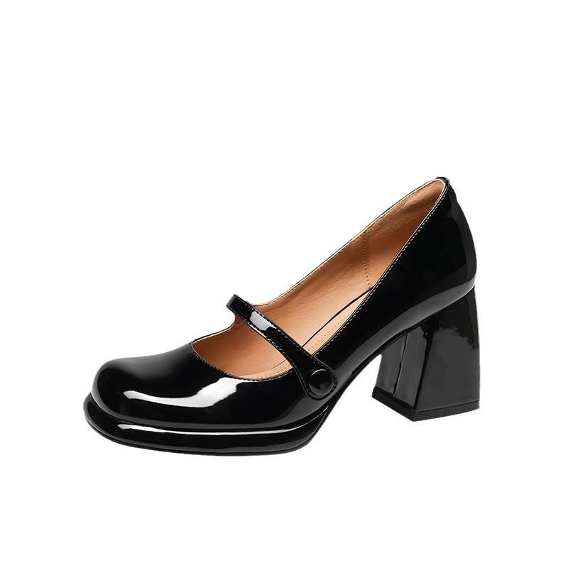 Winter 2025 New Black High Heels Women's French Thick Heel Patent Leather Square Head Temperament Single Shoes Mary Jane Small Leather Shoes