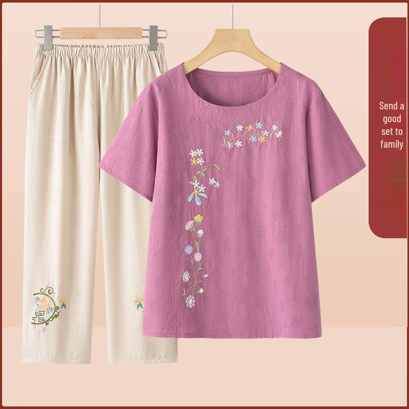 Summer Embroidered Two-Piece Home Set for Mature Women - Thin Cotton & Linen