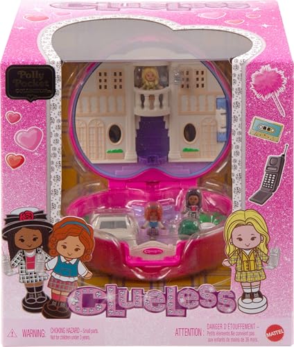 Polly Pocket x Clueless Compacto de Colecionador, Mini Boneca e Playset, 5 Veículos de Brinquedo com Acessórios Temáticos, Cher, Dionne e Ty.