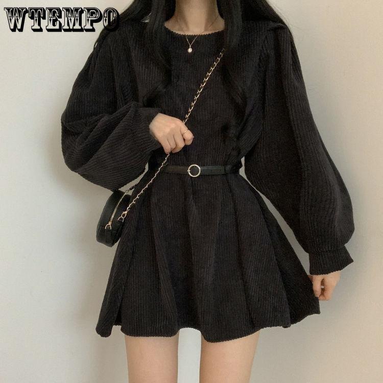 Women Temperament Pure Desire Wind Solid Color Lantern Sleeve A Line Dress Retro Design Sense Niche Long Sleeve Belt Corduroy Dresses