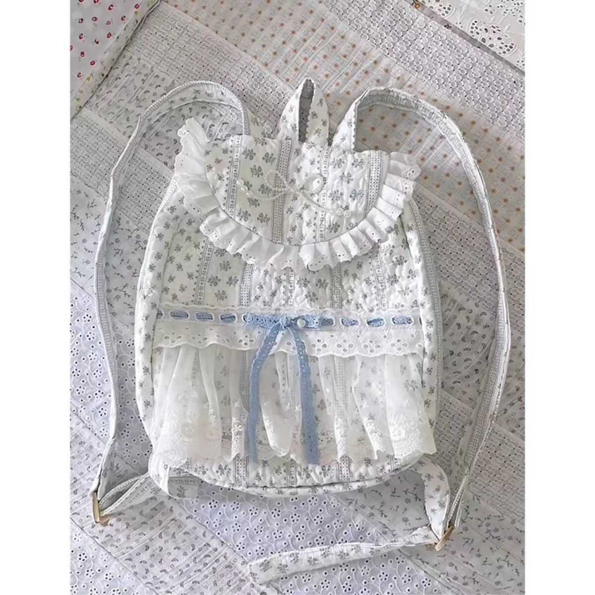 Fashion Versatile Handmade Bag Floral Lace Splicing Pleated Bow Backpack Cloth Bag Women