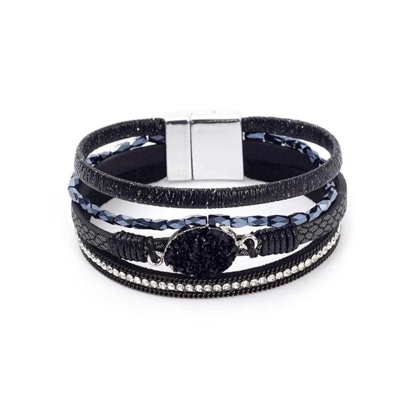 Crystal Rhinestone Vintage Ethnic Beaded Magnetic Clasp Leather PU Bracelet Women Men