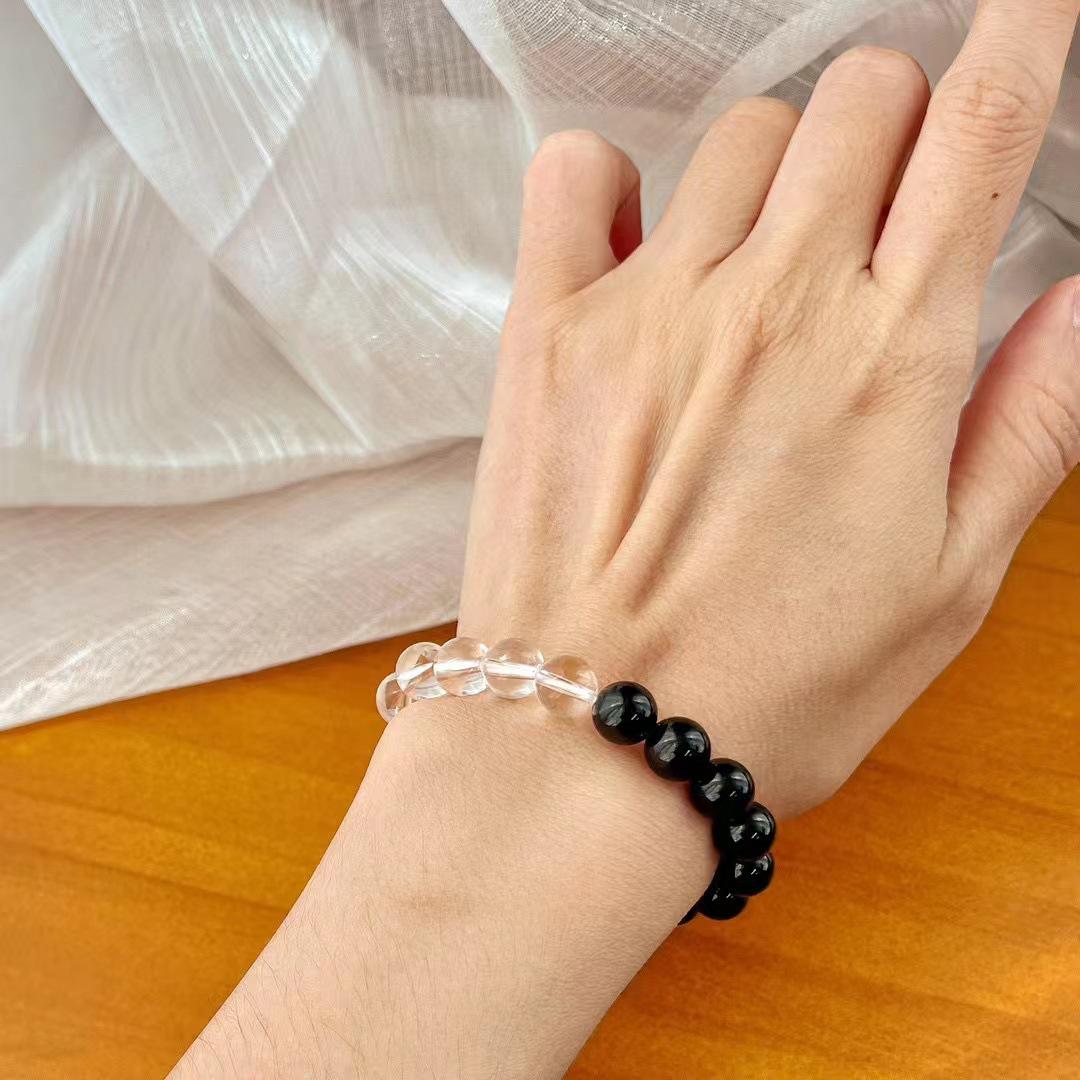 Vintage Maillard Style Natural White Crystal Black Agate White Chalcedony Bracelet