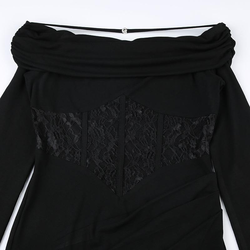 Elegant French Lace One-Shoulder Fishtail Knit Dress - Slim-Fit Waist-Cinching Long Gown for Women