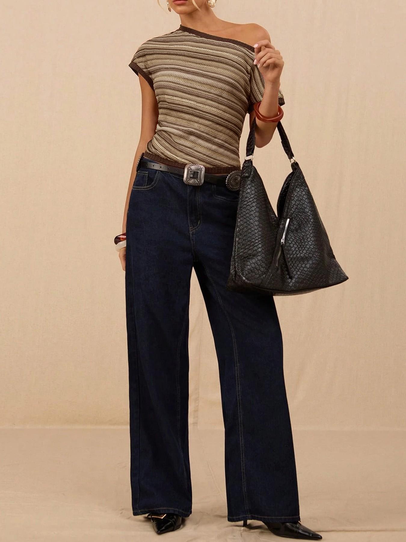 European & American Retro Striped Colorful Off-Shoulder Knit Top - Slim Fit, Short Sleeve L