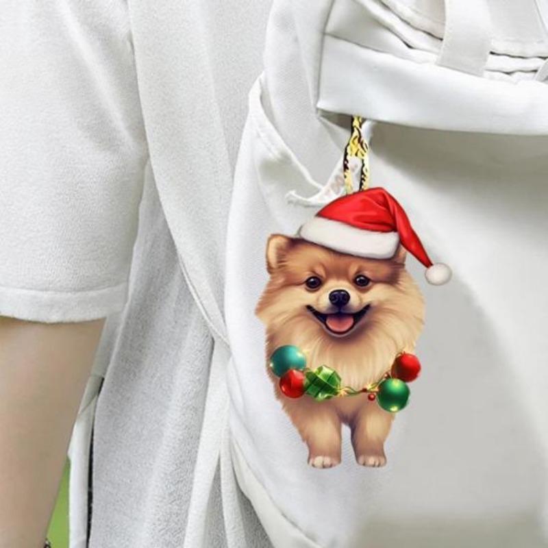 Christmas Dog Rearview Mirror Pendant Car Ornament Decoration Cute Puppy Wearing Christmas Hat Christmas Tree Decorations Car Accessories