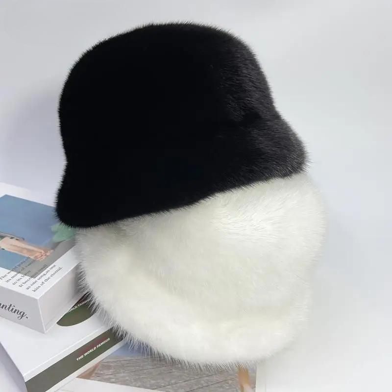 Women's Winter Hat Luxury Mink Cap Solid Fashion Bucket Domo Hat Soft Brim Outdoor Ushanka Russian Stylish Genuine Mink Fur Hat