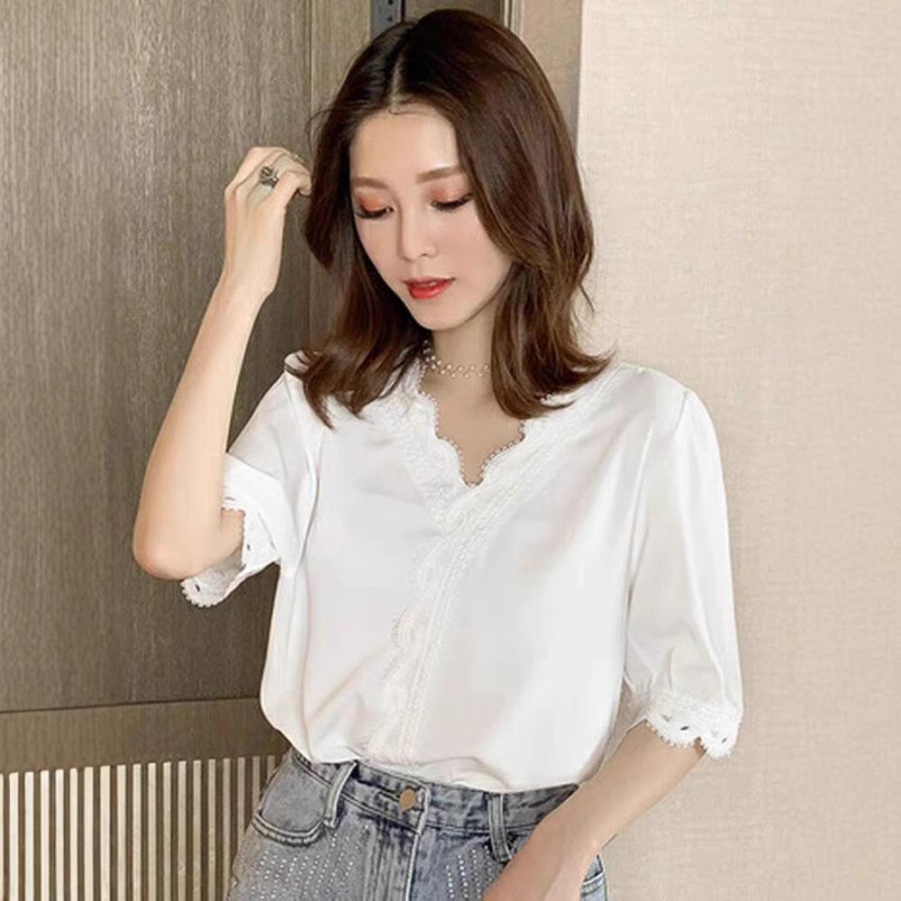 Camisa de mujer Tops cómodos y versátiles Camisa elegante de gasa blanca Camisa de manga corta de moda Camisa de encaje de súper hada Top elegante de moda con temperamento
