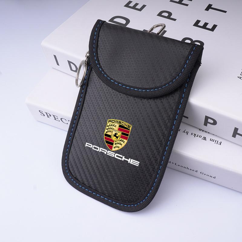 AFEBO1 For Porsche Panamera Cayenne Taycan 911 718 Macan Carrera-GT 928 944 968 Leather Car KeyCase Signal Blocker Bag Shielding Pocket