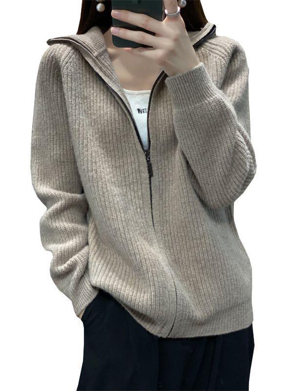 Women's Thick High Neck Zipper Cardigan - Loose Fit, Solid Color Long Sleeve Knit Sweater Coat