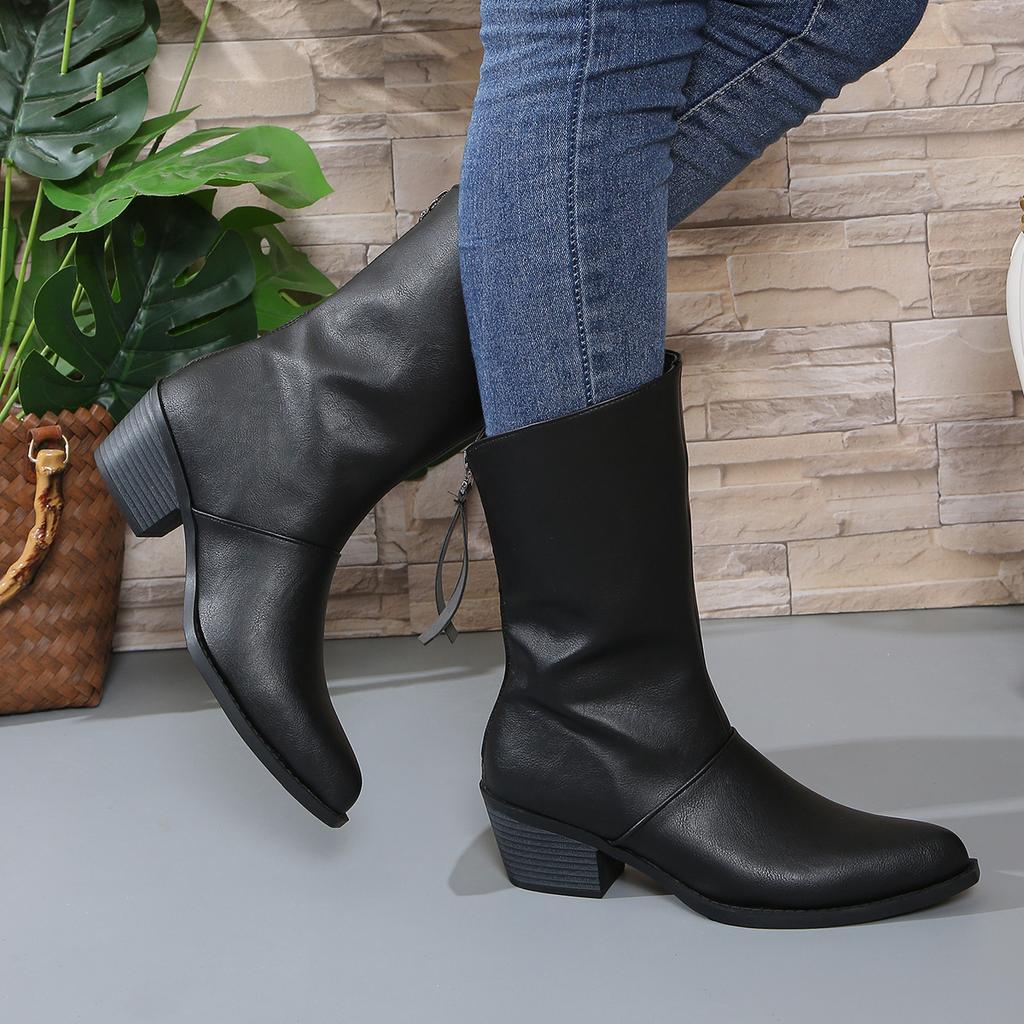 Mode Mode Klobige Absatz Reitstiefel Damen Schwarz Braun PU Leder Mittelhohe Stiefel Frau Herbst Winter Reißverschluss hinten Botas Mujer 2024