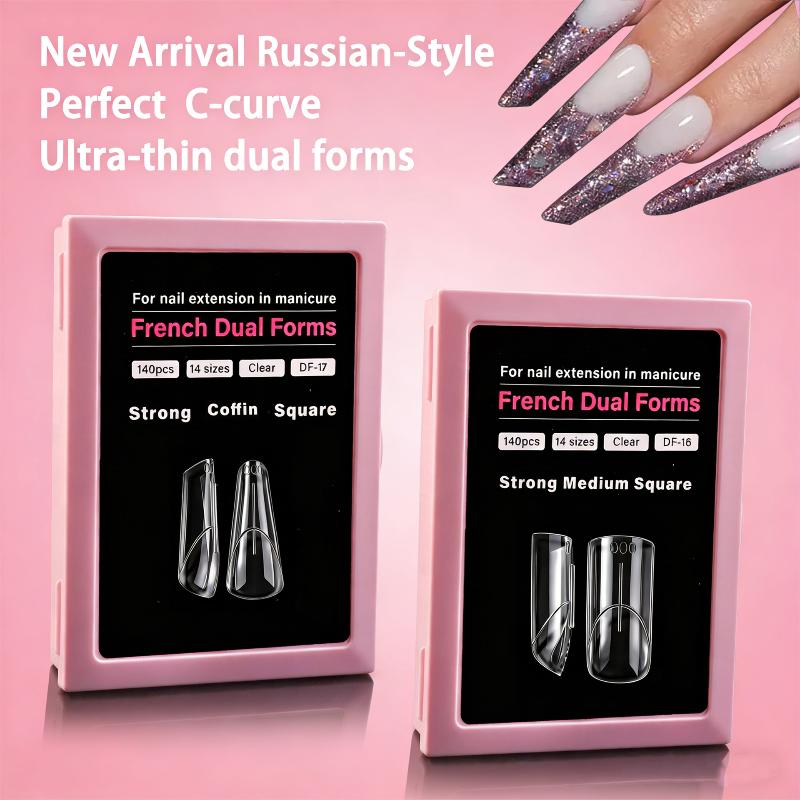 140 Stück/Karton Französische Nagelpanzer-Modelle Dual-Form Quadratische Mandel-Nagelverlängerungsformen Stereoskopische Verlängerung Obere Weiche Nagelformen