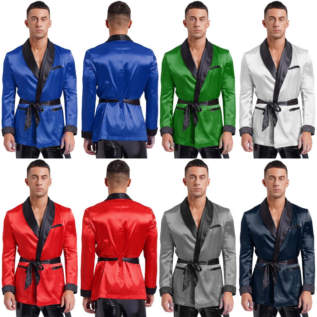 Mens Contrast Smoking Jacket Robe Belt Lapel Long Sleeve Side Pockets Satin Kimono Bathrobe Nightwear Loungewear