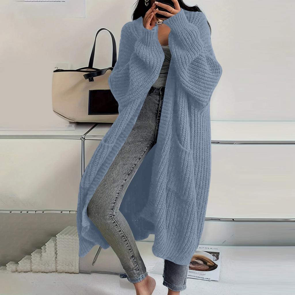 Women's Solid Color Long Sleeved Knee Length Knitted Cardigan, Lazy Trend, Medium Long Hair Jacket