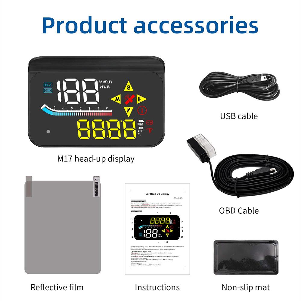 

Windshield Projector Auto Electronics Accessories Digital Mini M17 OBD GPS Head Up Display for All Cars Car HUD Speedometer чорний