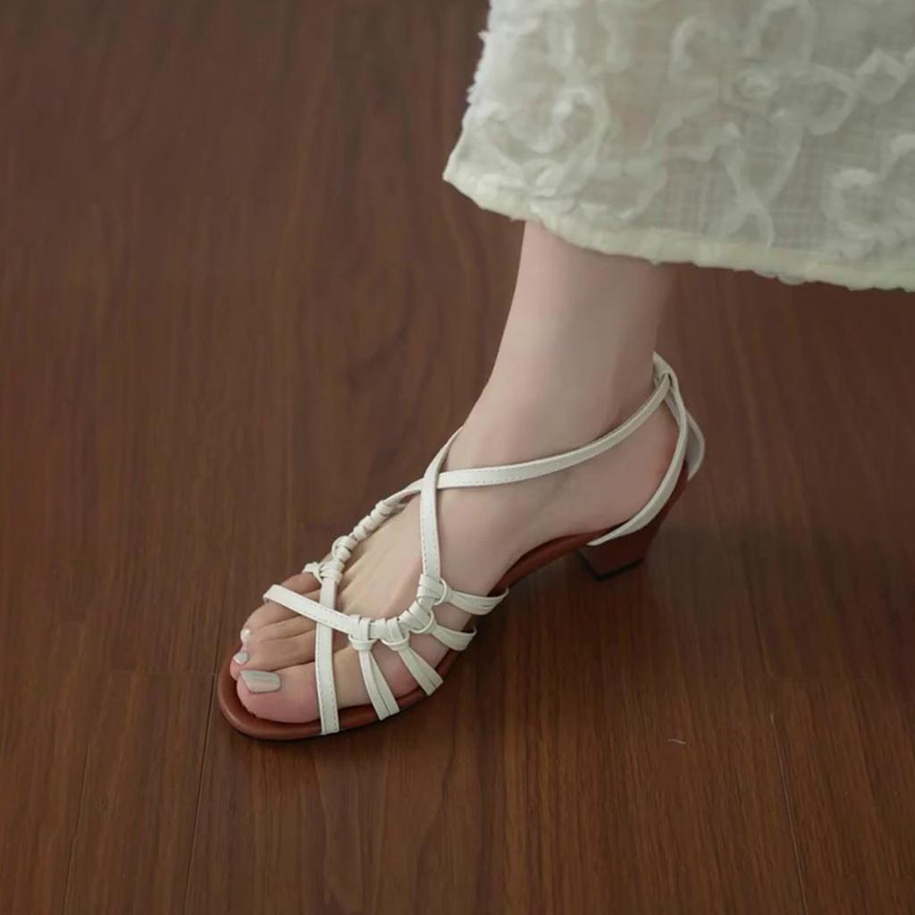 Soft leather version~ French temperament woven hollow word with open toe thick heel sandals fairy vacation style Roman shoes woman