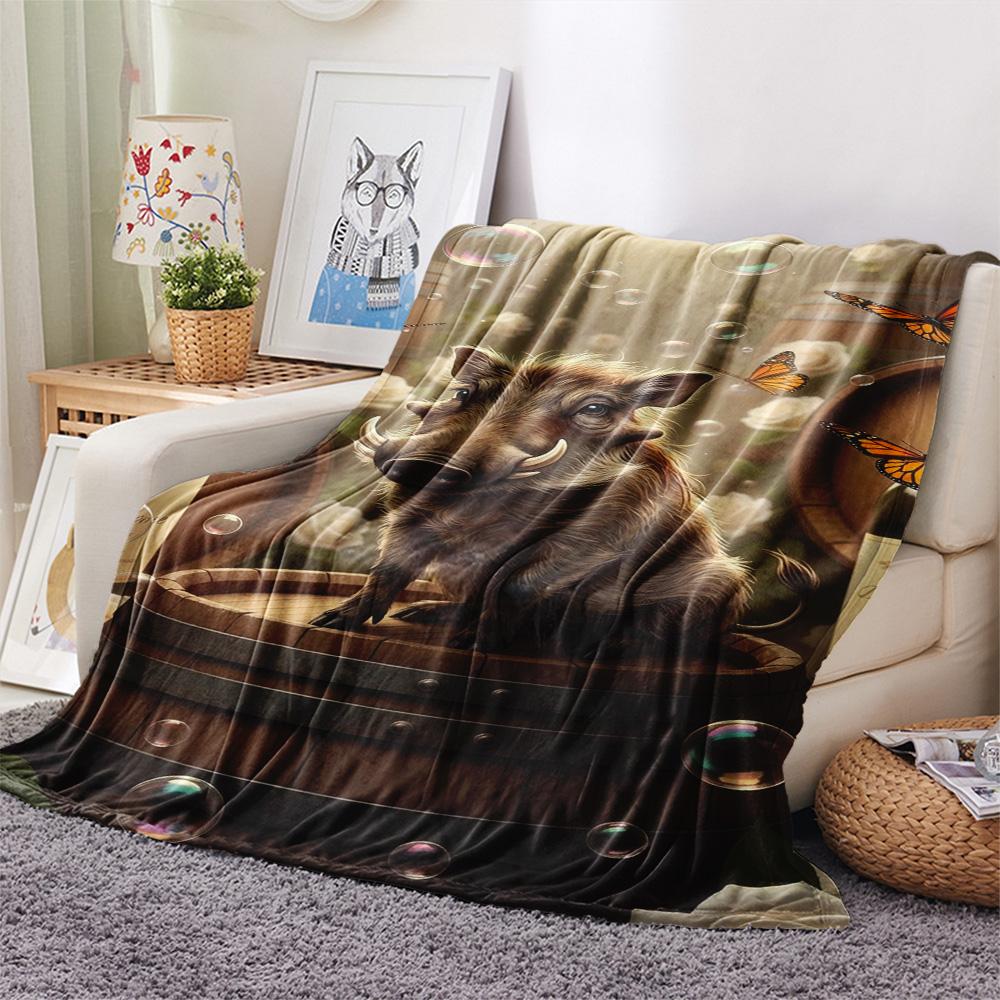 1PC Warthog Print FlAannel Blanket, High quality Comfortable for All Seasons, Home Decor, Warmth and Comfort