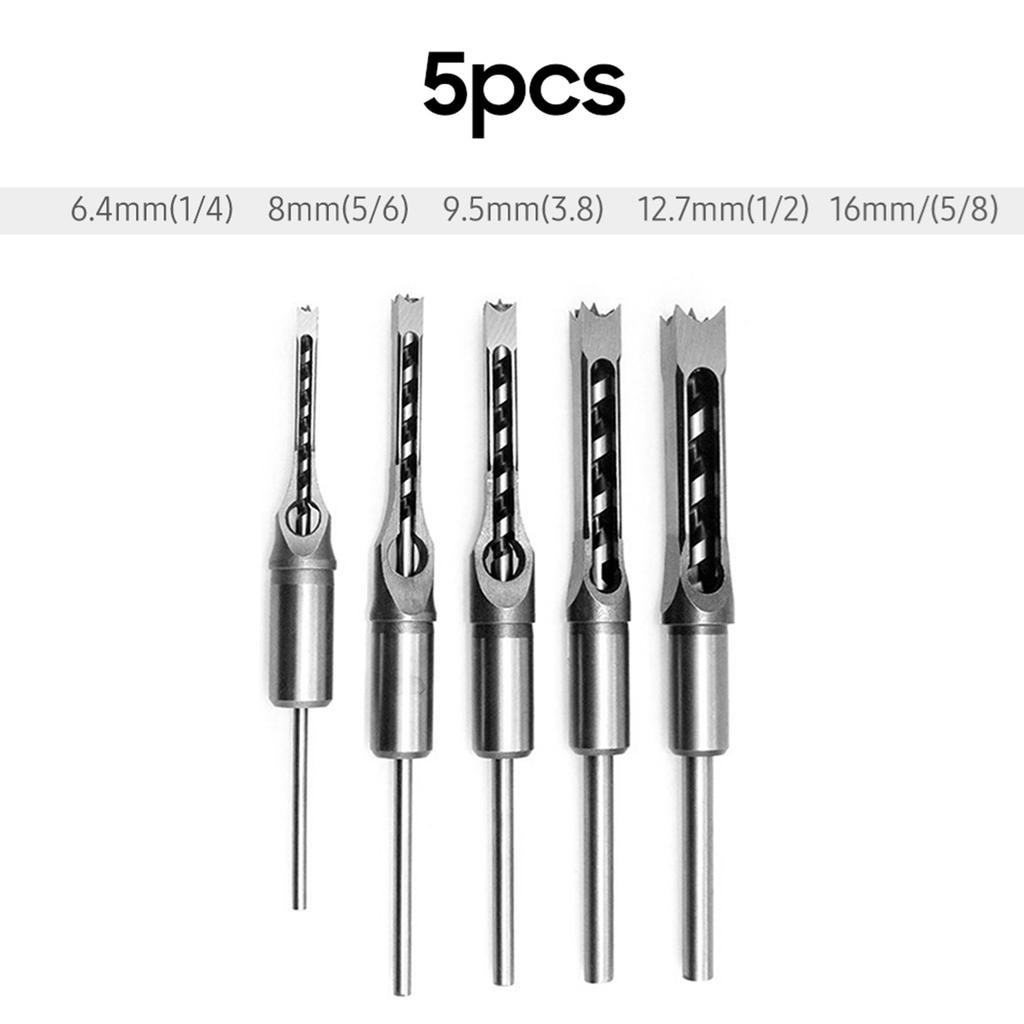 7pcs Square Hole Drill Bit Woodworking Hole Saw Mortising Chisel Steel Drill Bits Set 1/4 inch, 5/16 inch, 3/8 inch, 2/5 inch