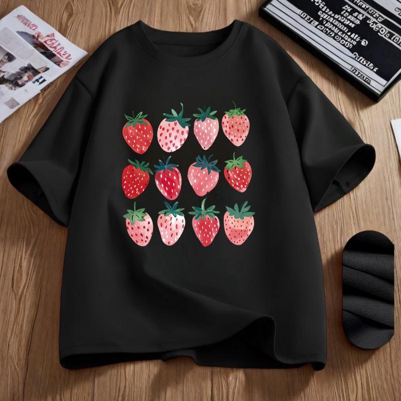 Kids Summer Crew Neck Short Sleeve T-Shirt with Strawberry Graphic Print