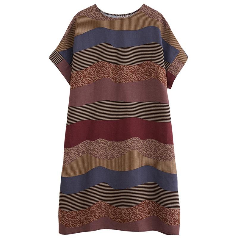 Summer Fat MM Cotton Hemp Retro Flower Art Knee Length Short Sleeved Dress for Women