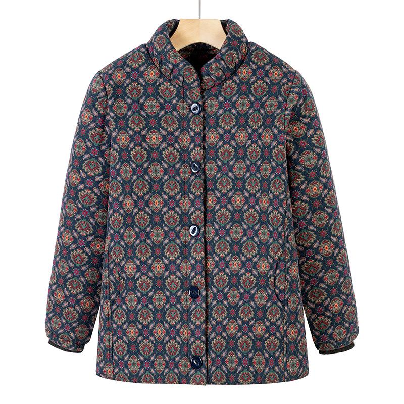 Floral Velvet-Lined Winter Coat for Middle-Aged and Elderly Women