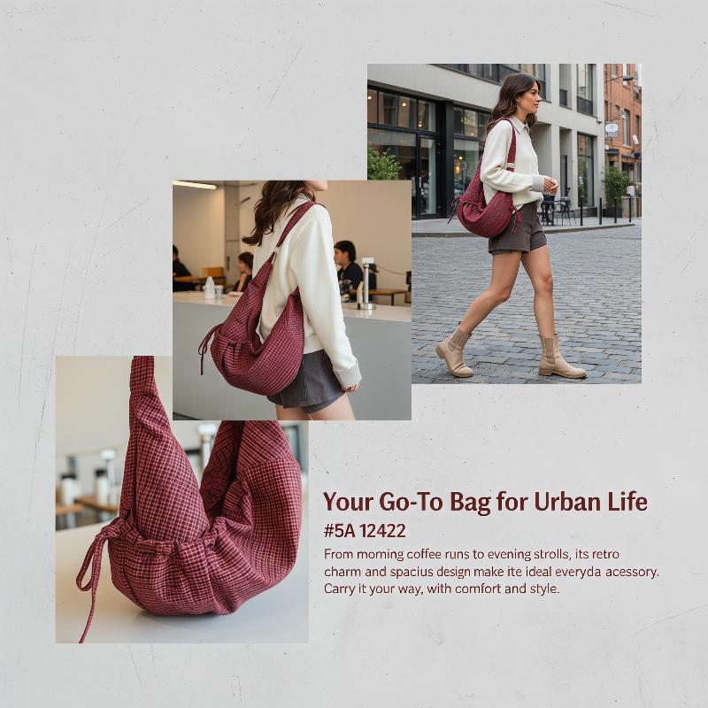 Retro Plaid Hobos Messenger Bags For Women Drawstring Pocket Nylon Dumpling Bag Large Capacity Portable Travel Shoulder Bags