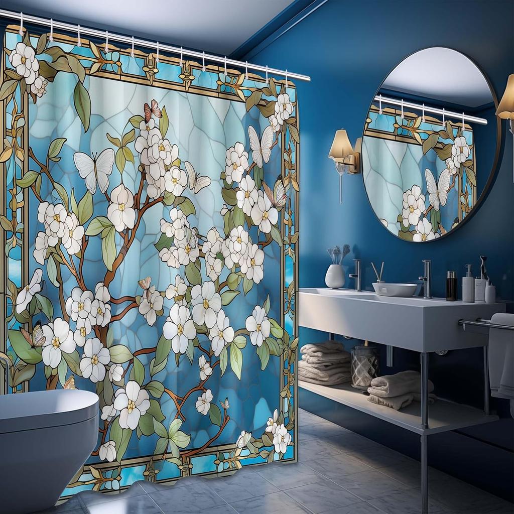 Stained Glass Shower Curtain Chinoiserie Art Nouveau Blue and White Floral Shower Curtains for Bathroom Decor Set, Waterproof