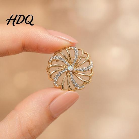 Non-fading Brooch Pin Hollow Swirl Flower Pattern Lapel Pin with Rhinestones Inlaid Spiral Petals Design Versatile Badge for Coats Shirts