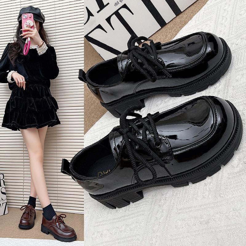 Women's shoes, small leather shoes, women's spring new thick-soled shoelaces, velvet muffin, retro versatile love